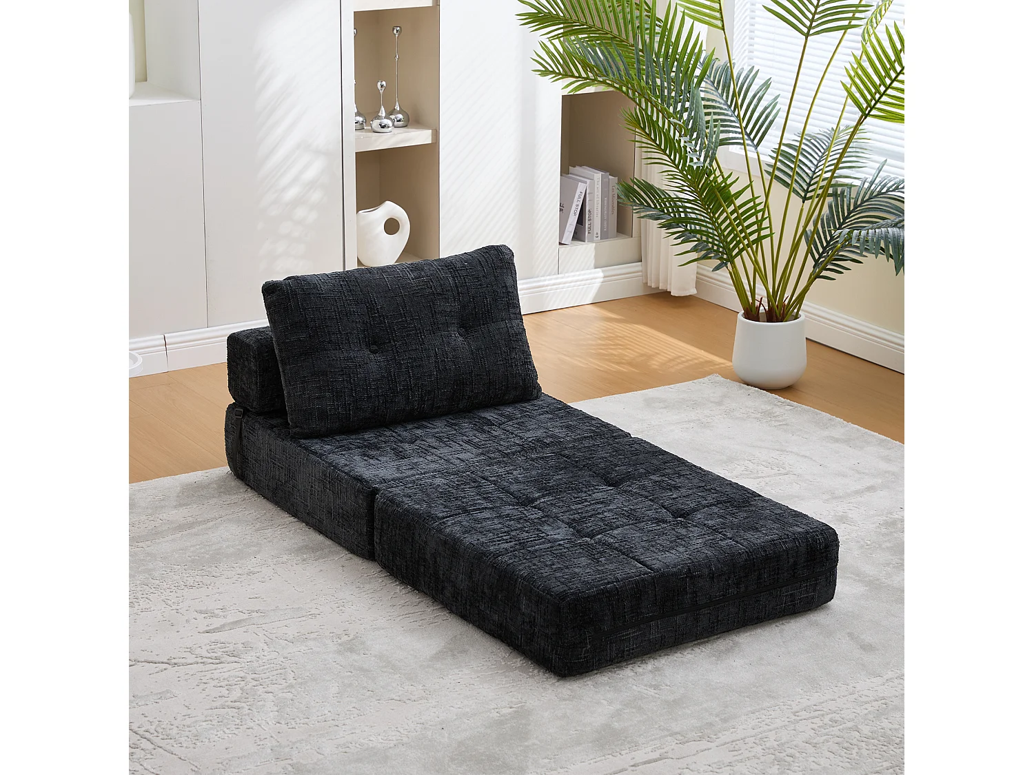 Canapé convertible avec coussins lombaires et appui-tête, chenille noire - pour salon et chambre