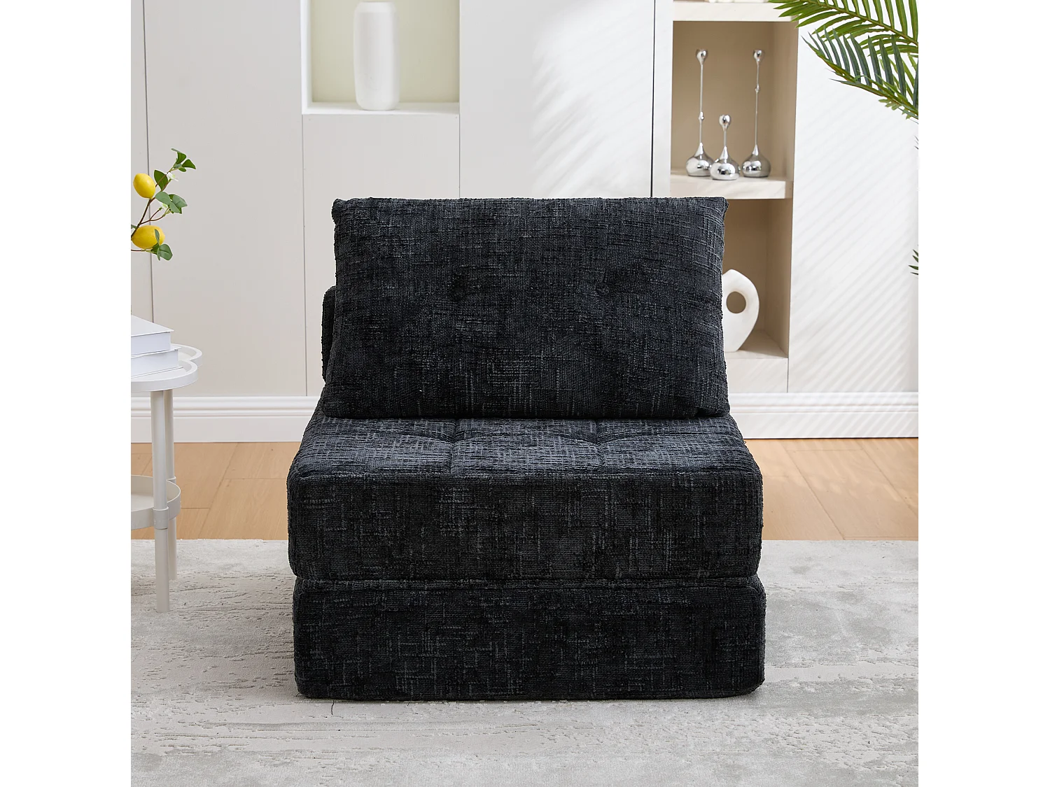 Canapé convertible avec coussins lombaires et appui-tête, chenille noire - pour salon et chambre