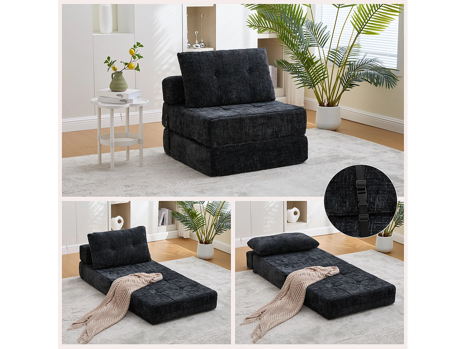 Canapé convertible avec coussins lombaires et appui-tête, chenille noire - pour salon et chambre