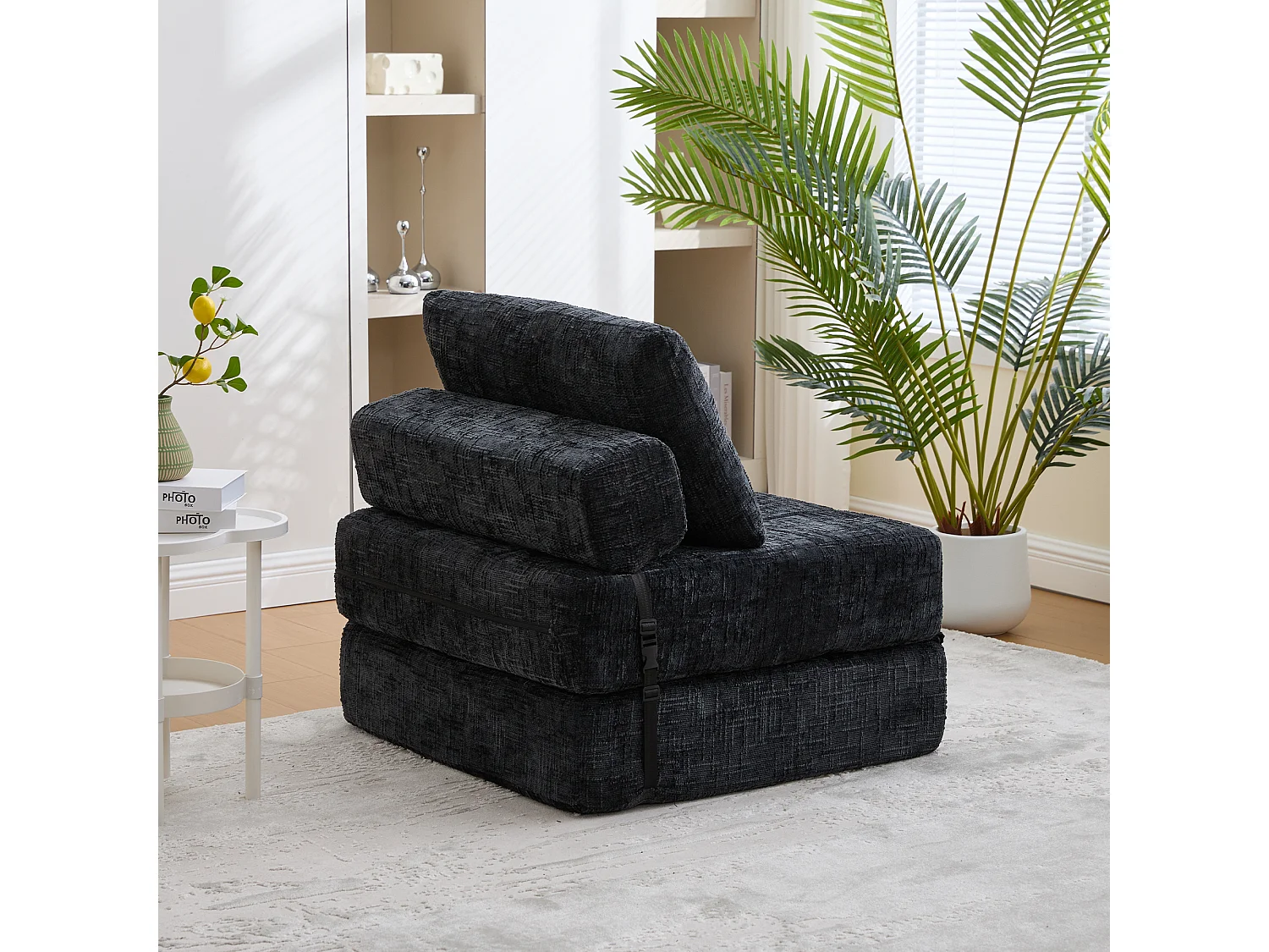 Canapé convertible avec coussins lombaires et appui-tête, chenille noire - pour salon et chambre