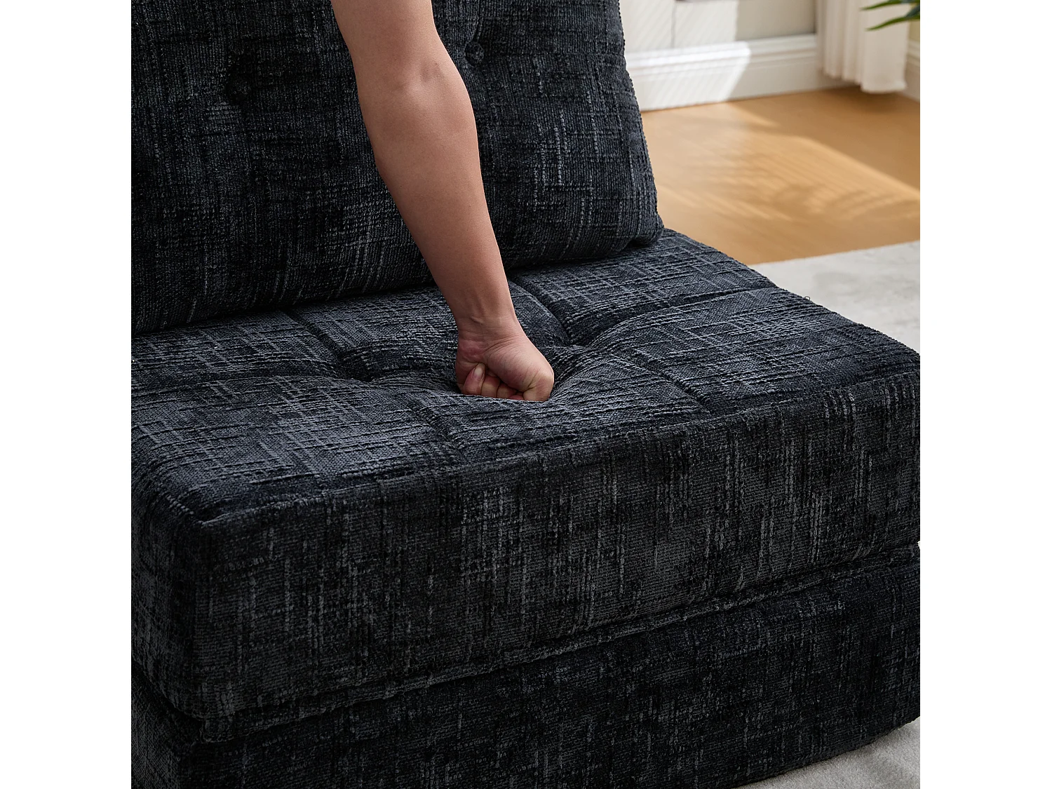 Canapé convertible avec coussins lombaires et appui-tête, chenille noire - pour salon et chambre