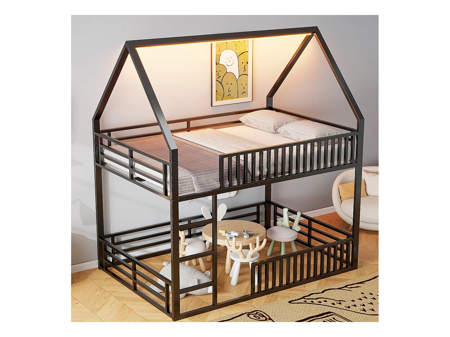 Lit superposé enfant 140x200 cm avec barrières de sécurité et éclairage LED, noir - sans matelas