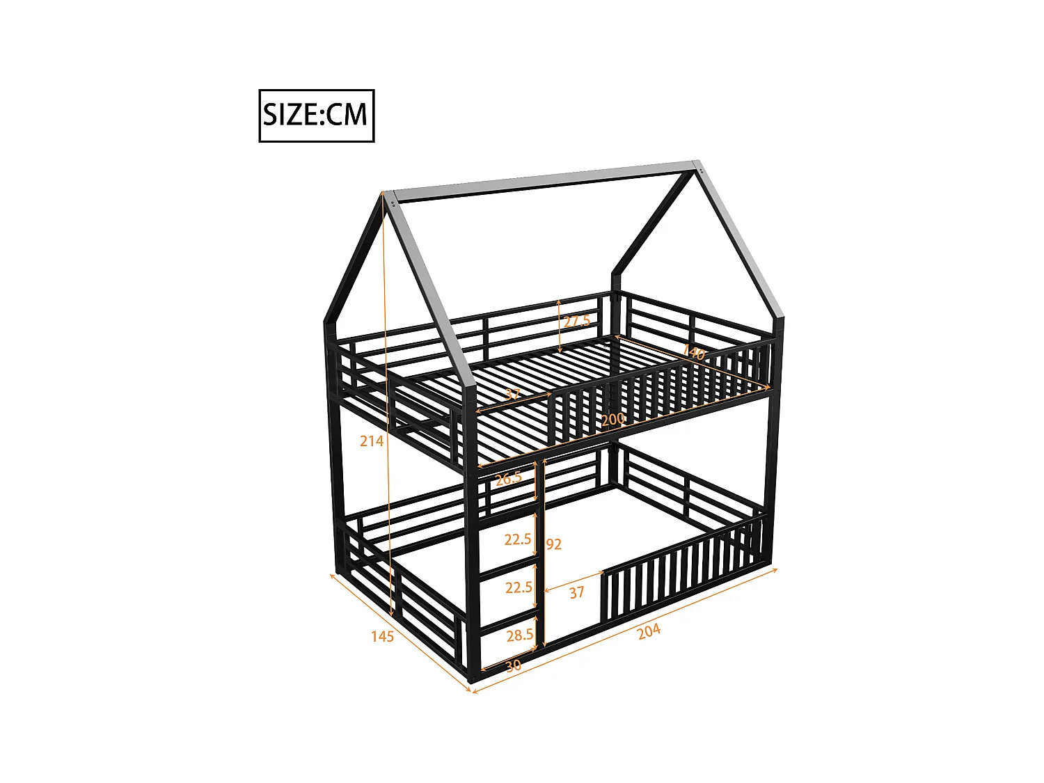 Lit superposé enfant 140x200 cm avec barrières de sécurité et éclairage LED, noir - sans matelas