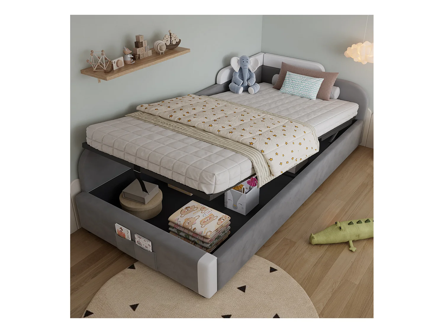 Lit enfant 90x200 cm avec rangement, panneau latéral gauche, velours gris - sans matelas