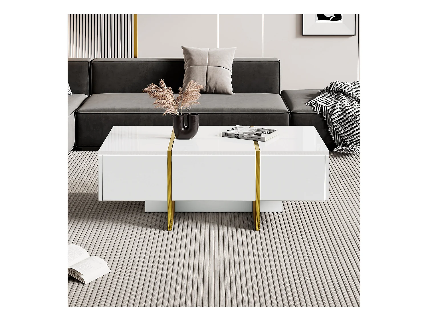 Rechteckiger Couchtisch mit 4 Aufbewahrungsschubladen, weiß und gold – für Wohnzimmer