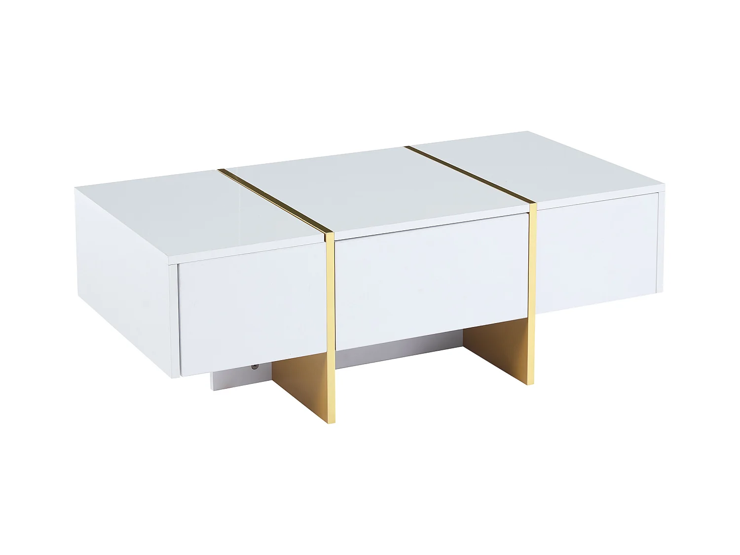 Rechteckiger Couchtisch mit 4 Aufbewahrungsschubladen, weiß und gold – für Wohnzimmer
