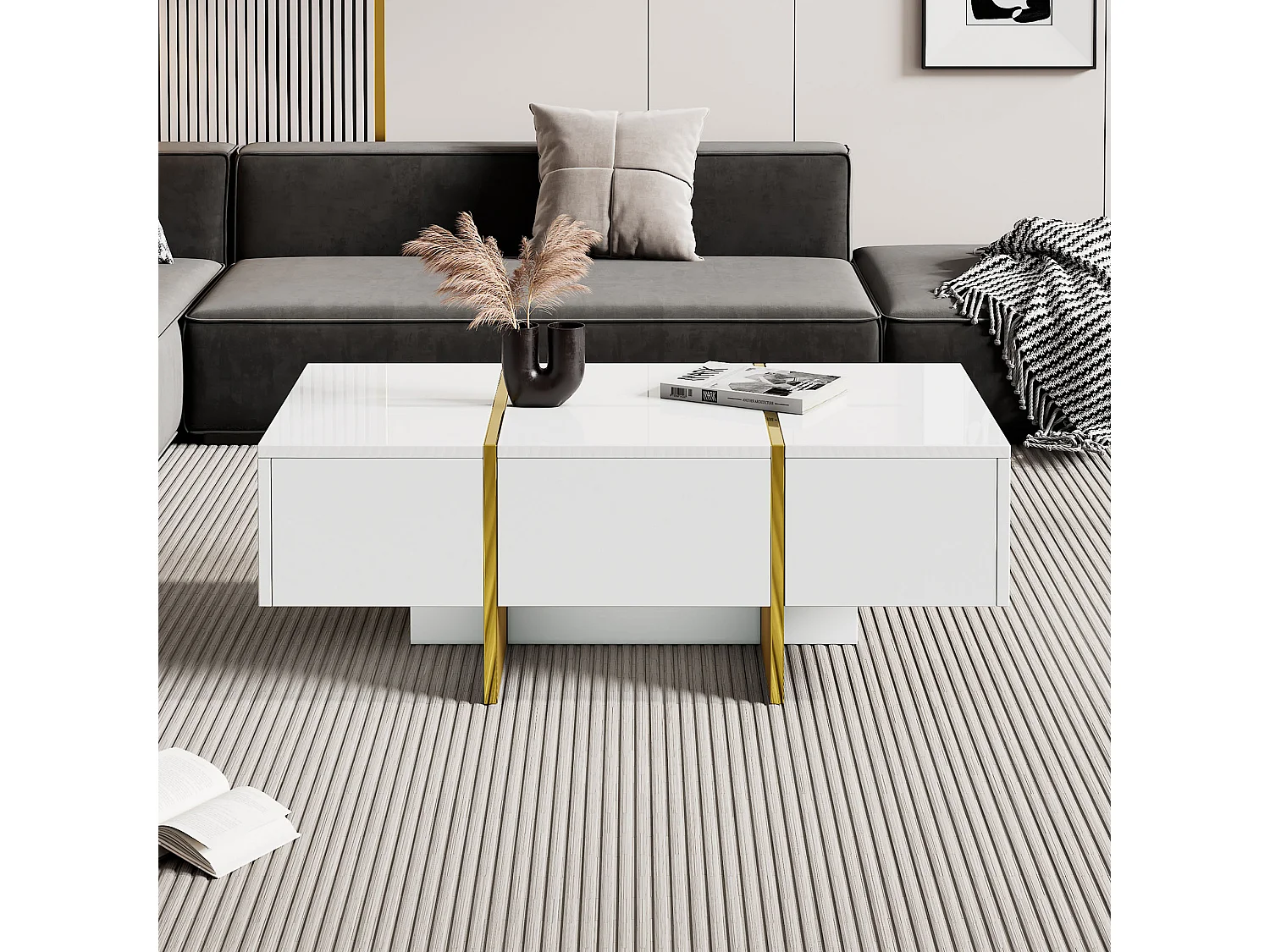 Mesa de centro rectangular blanca y dorada con 4 cajones de almacenamiento – para salón