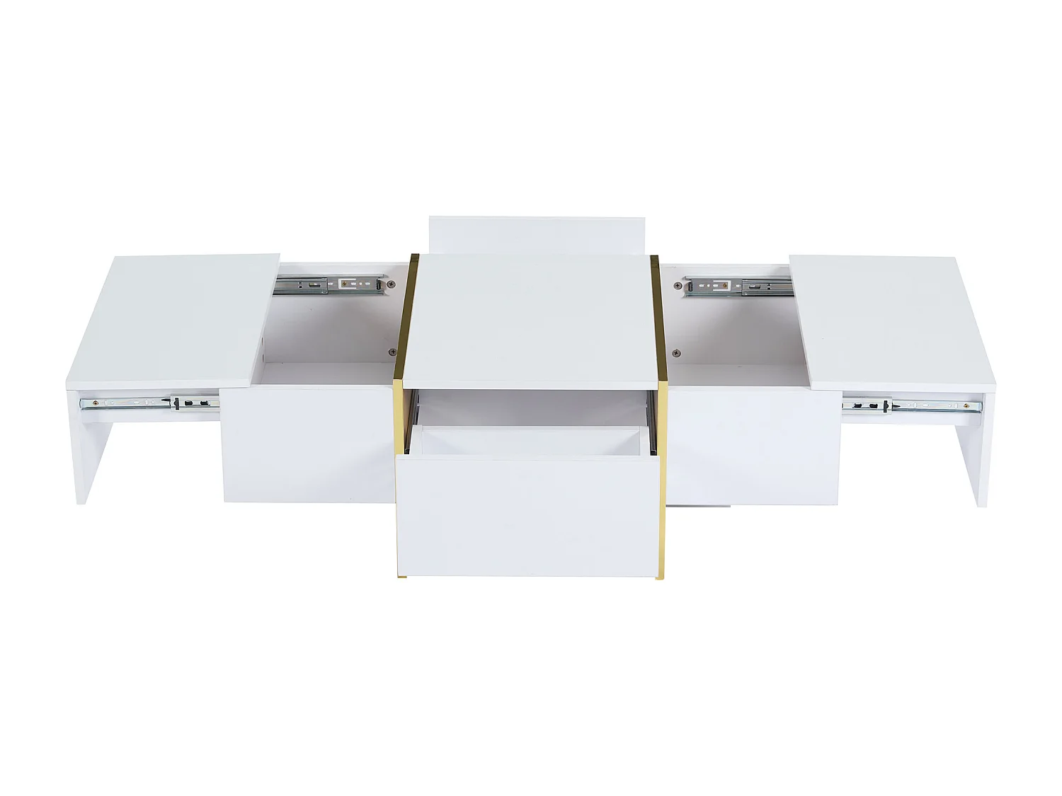 Mesa de centro rectangular blanca y dorada con 4 cajones de almacenamiento – para salón