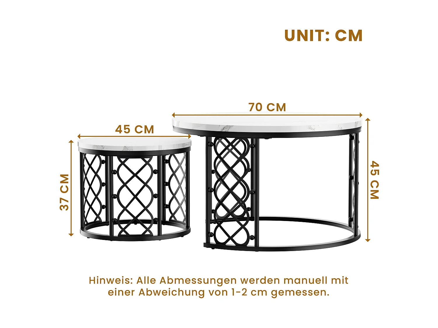 Lot de 2 tables basses gigognes rondes, placage de marbre blanc, structure en métal noir