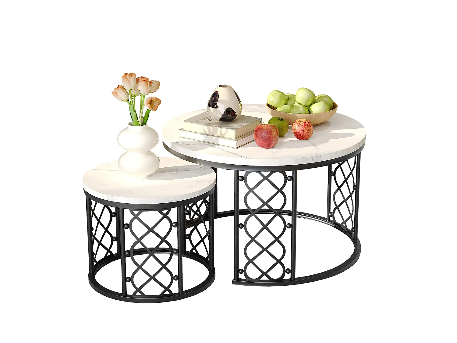 Lot de 2 tables basses gigognes rondes, placage de marbre blanc, structure en métal noir