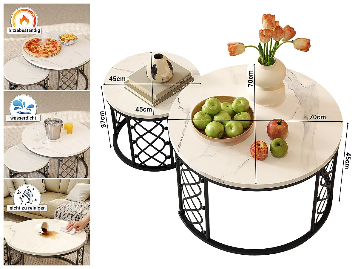 Lot de 2 tables basses gigognes rondes, placage de marbre blanc, structure en métal noir