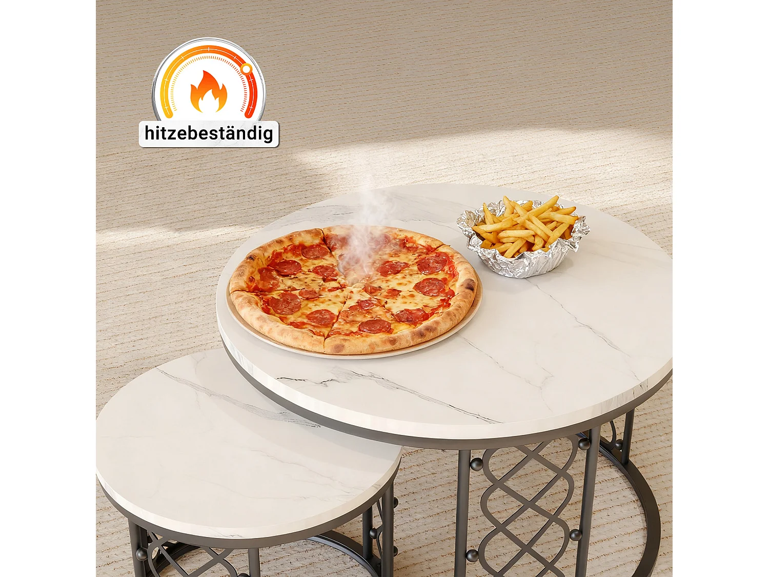 Lot de 2 tables basses gigognes rondes, placage de marbre blanc, structure en métal noir