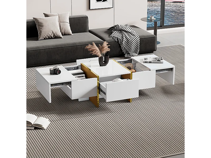 Mesa de centro rectangular blanca y dorada con 4 cajones de almacenamiento – para salón