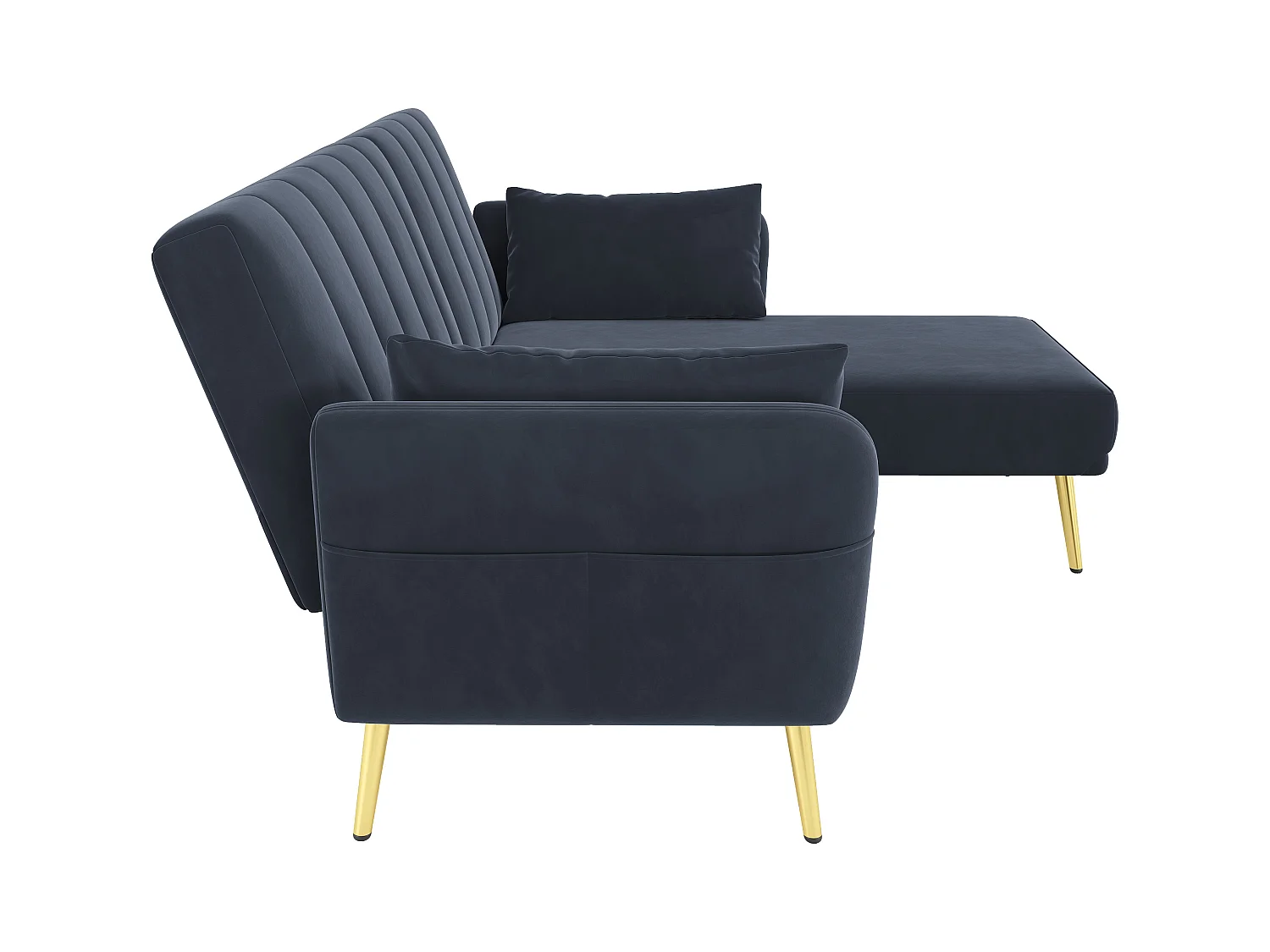 Canapé 3 places avec poches latérales et dossier réglable, pieds dorés - velours noir