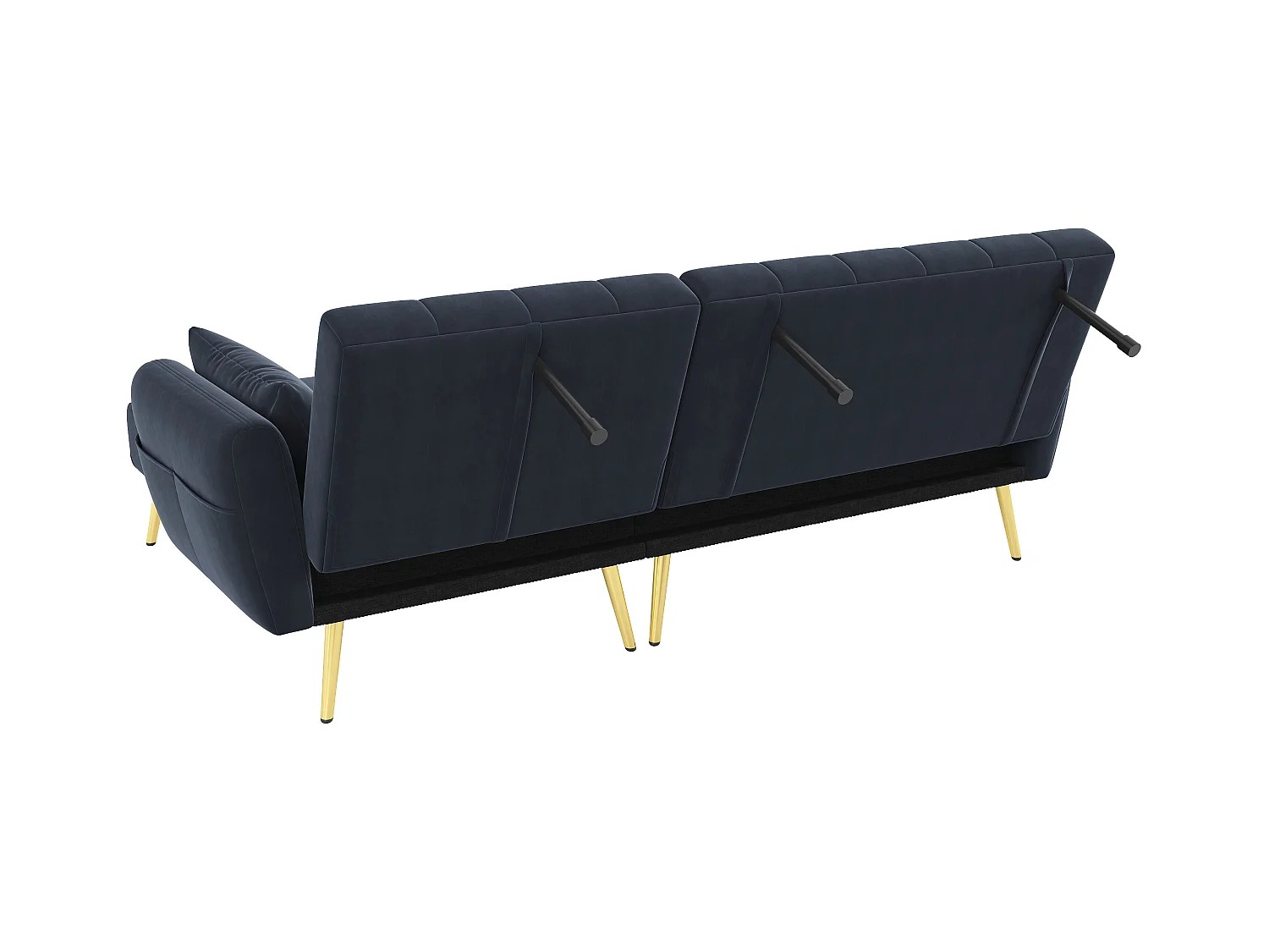 Canapé 3 places avec poches latérales et dossier réglable, pieds dorés - velours noir