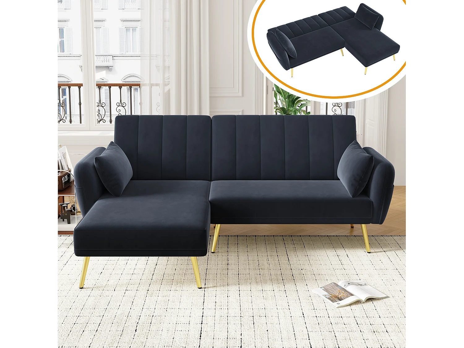 3-Sitzer-Sofa mit Seitentaschen und verstellbarer Rückenlehne, goldene Füße - schwarzer Samt