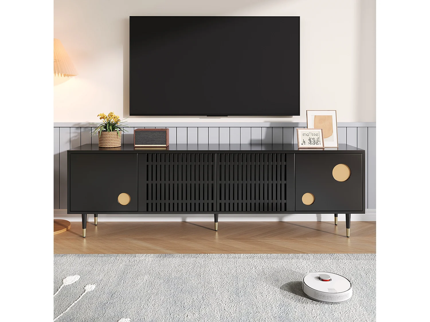 Schwarzes TV-Möbel mit 4 Türen und Goldverzierung  – für Wohnzimmer und Büro