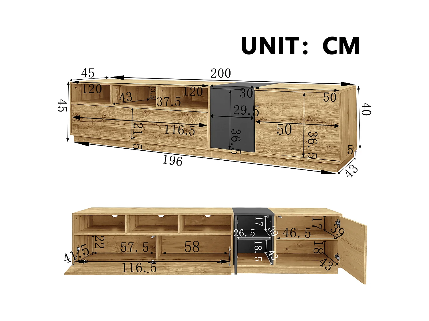 Meuble TV 200 cm avec 3 portes et 3 compartiments ouverts, couleur naturelle - pour salon