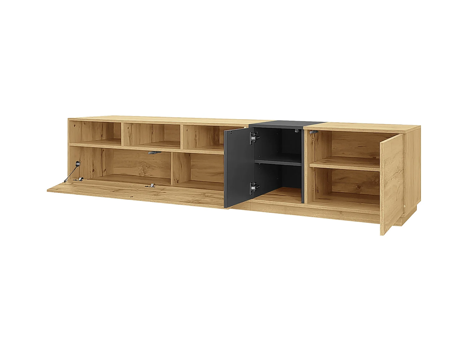 Mueble de TV de 200 cm con 3 puertas y 3 compartimentos abiertos, color natural - para salón