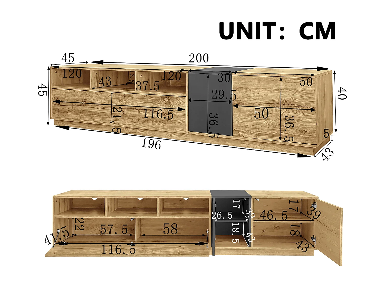 TV-meubel 200 cm met 3 deuren en 3 open vakken, natuurlijke kleur - voor woonkamer