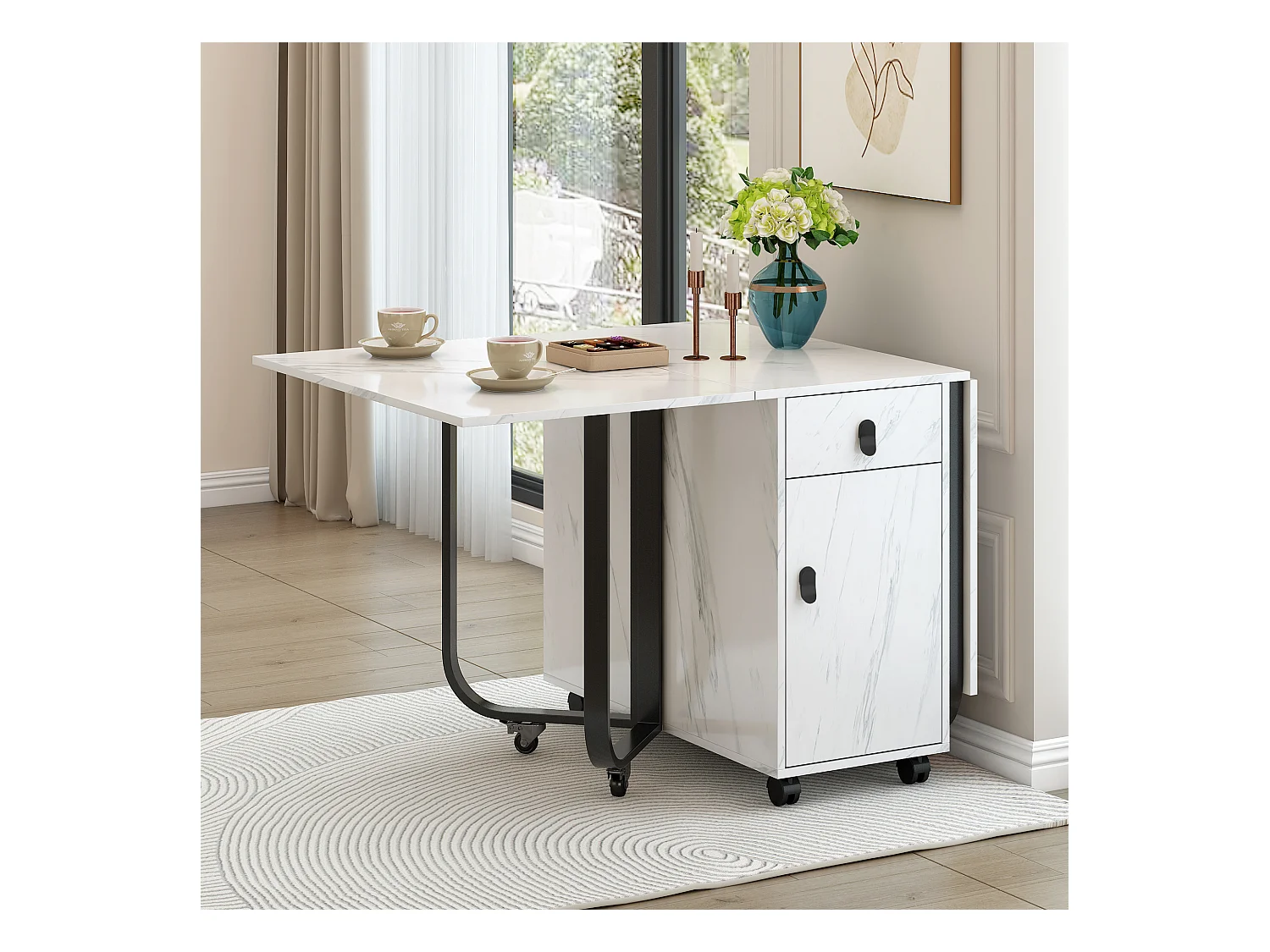 Table à manger pliante avec 2 tiroirs et 2 portes, mobile sur roulettes - blanc et noir