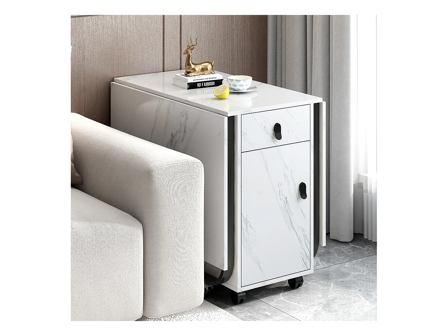 Table à manger pliante avec 2 tiroirs et 2 portes, mobile sur roulettes - blanc et noir