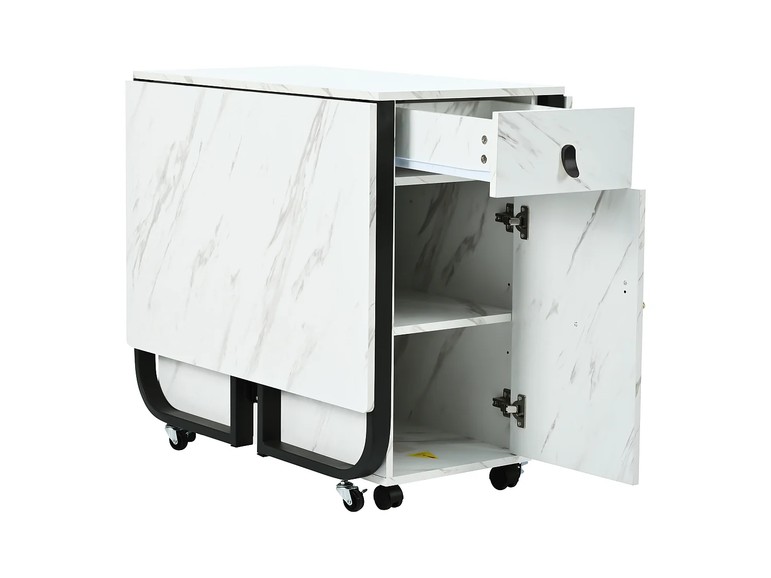 Table à manger pliante avec 2 tiroirs et 2 portes, mobile sur roulettes - blanc et noir