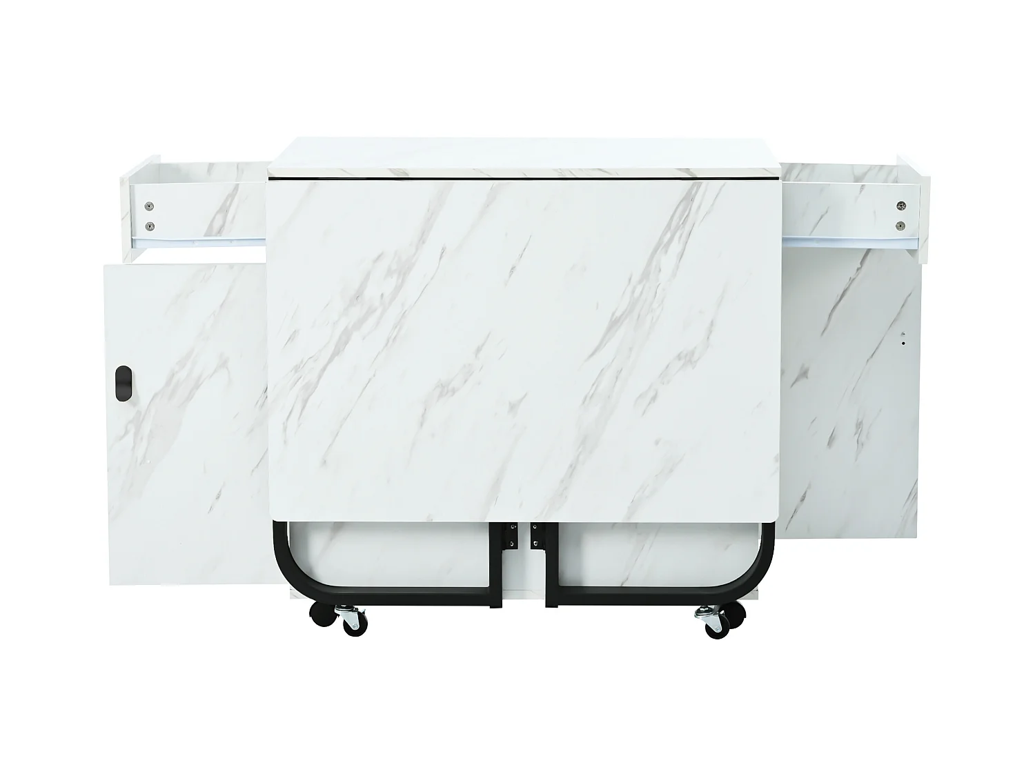 Table à manger pliante avec 2 tiroirs et 2 portes, mobile sur roulettes - blanc et noir