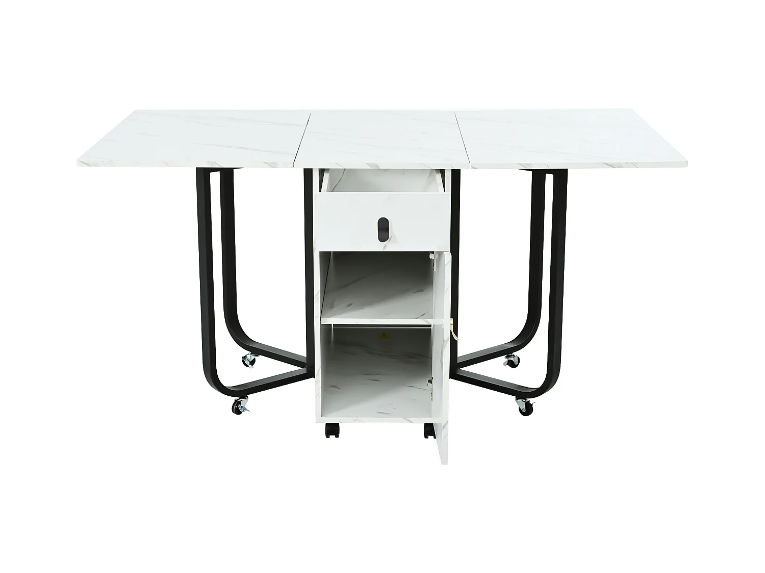 Table à manger pliante avec 2 tiroirs et 2 portes, mobile sur roulettes - blanc et noir