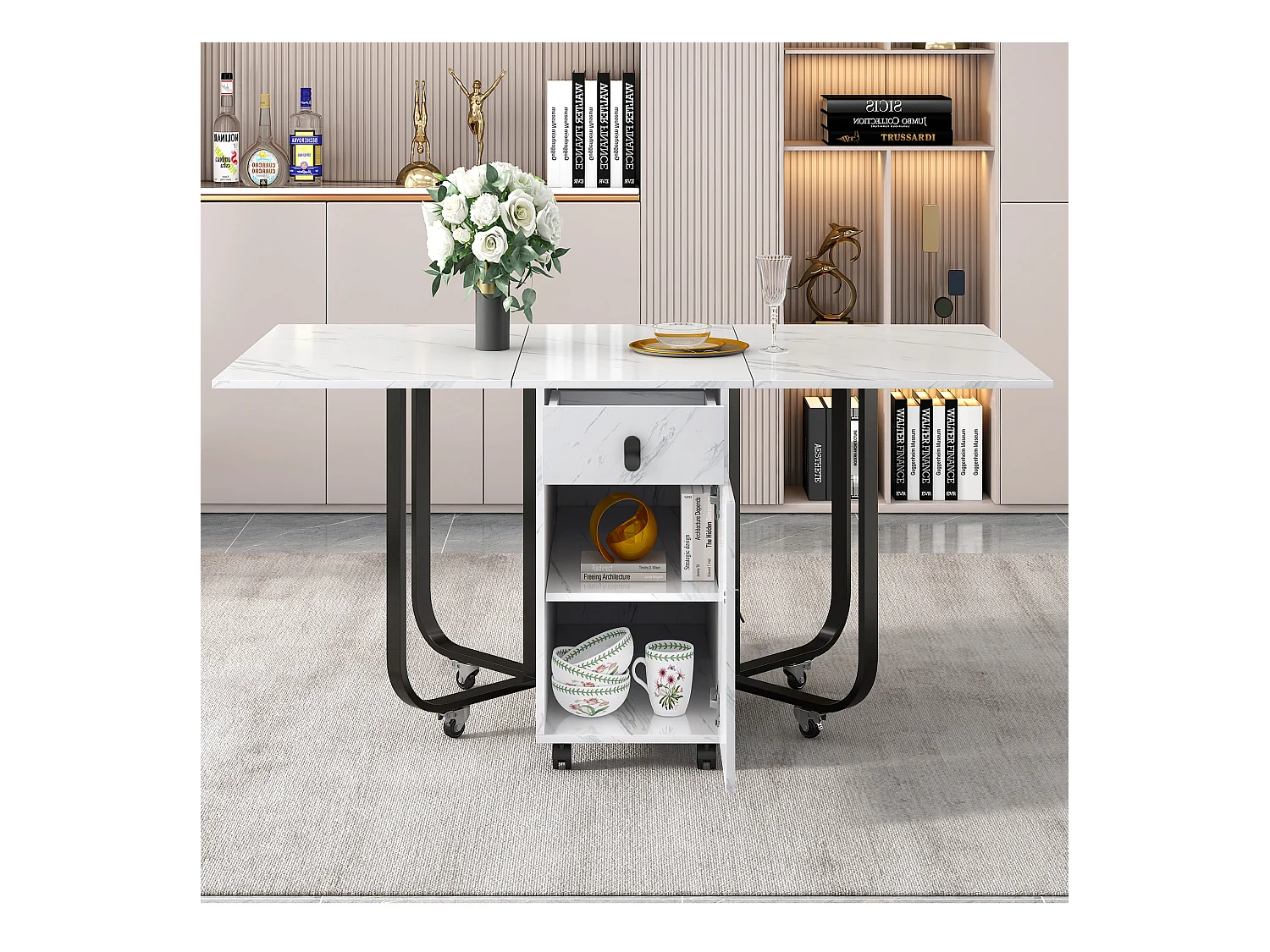 Table à manger pliante avec 2 tiroirs et 2 portes, mobile sur roulettes - blanc et noir