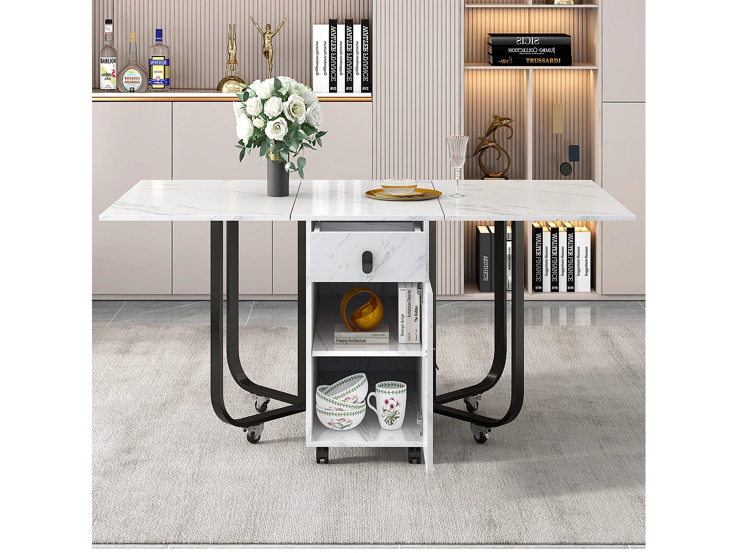 Table à manger pliante avec 2 tiroirs et 2 portes, mobile sur roulettes - blanc et noir