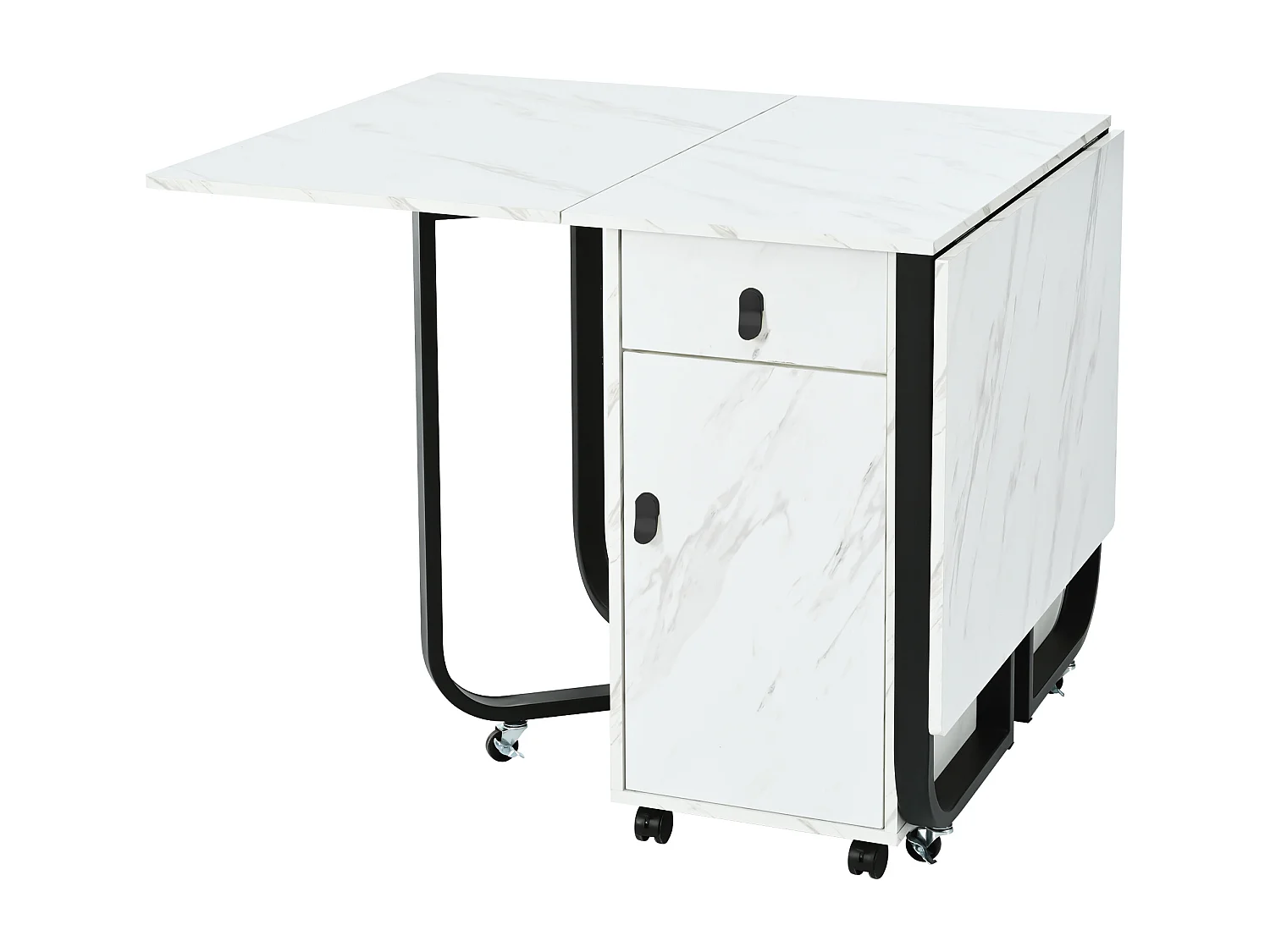 Table à manger pliante avec 2 tiroirs et 2 portes, mobile sur roulettes - blanc et noir