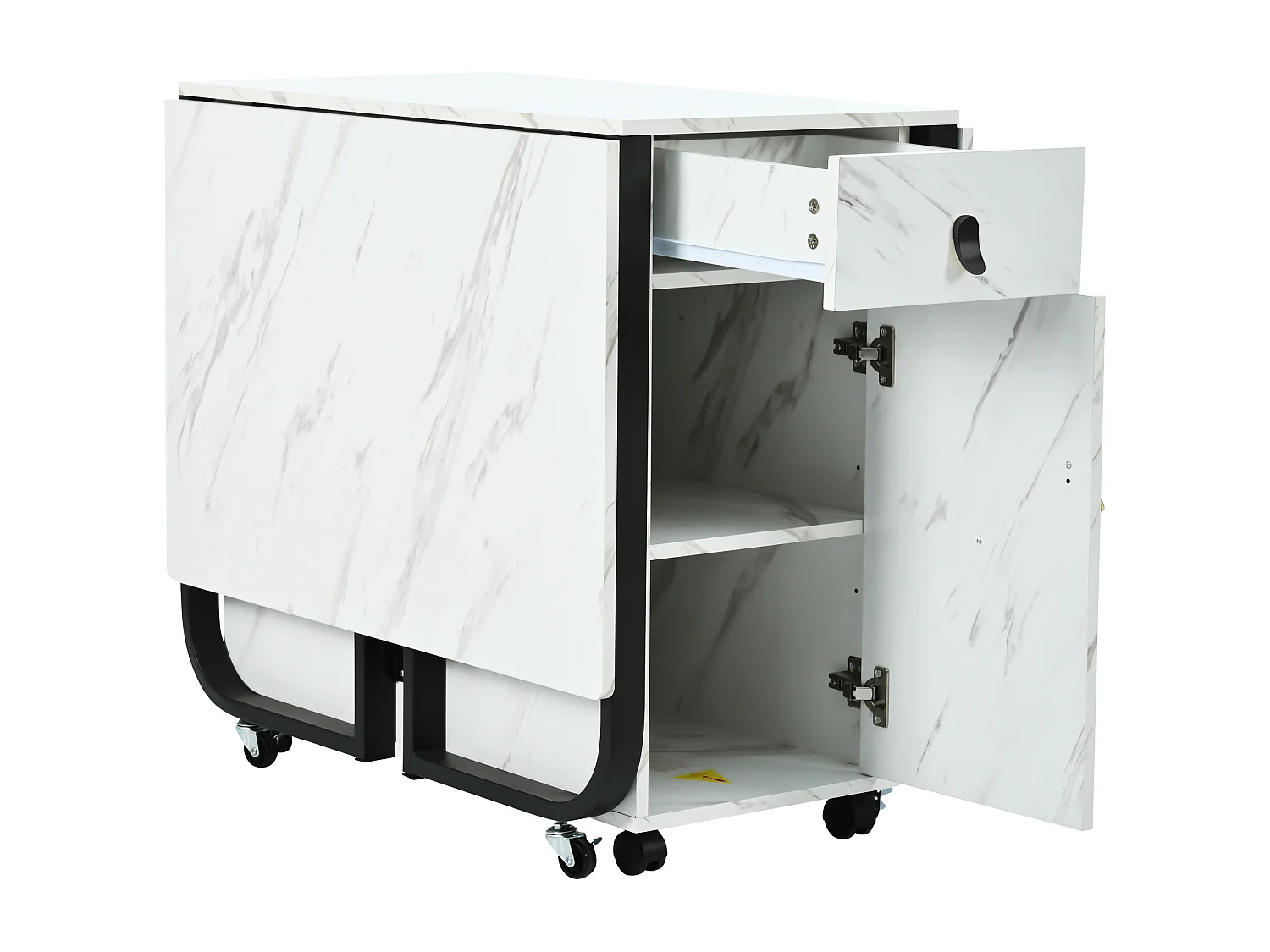 Table à manger pliante avec 2 tiroirs et 2 portes, mobile sur roulettes - blanc et noir