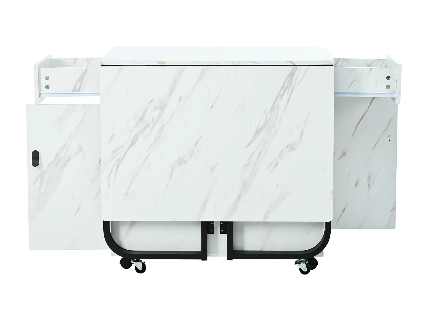 Table à manger pliante avec 2 tiroirs et 2 portes, mobile sur roulettes - blanc et noir