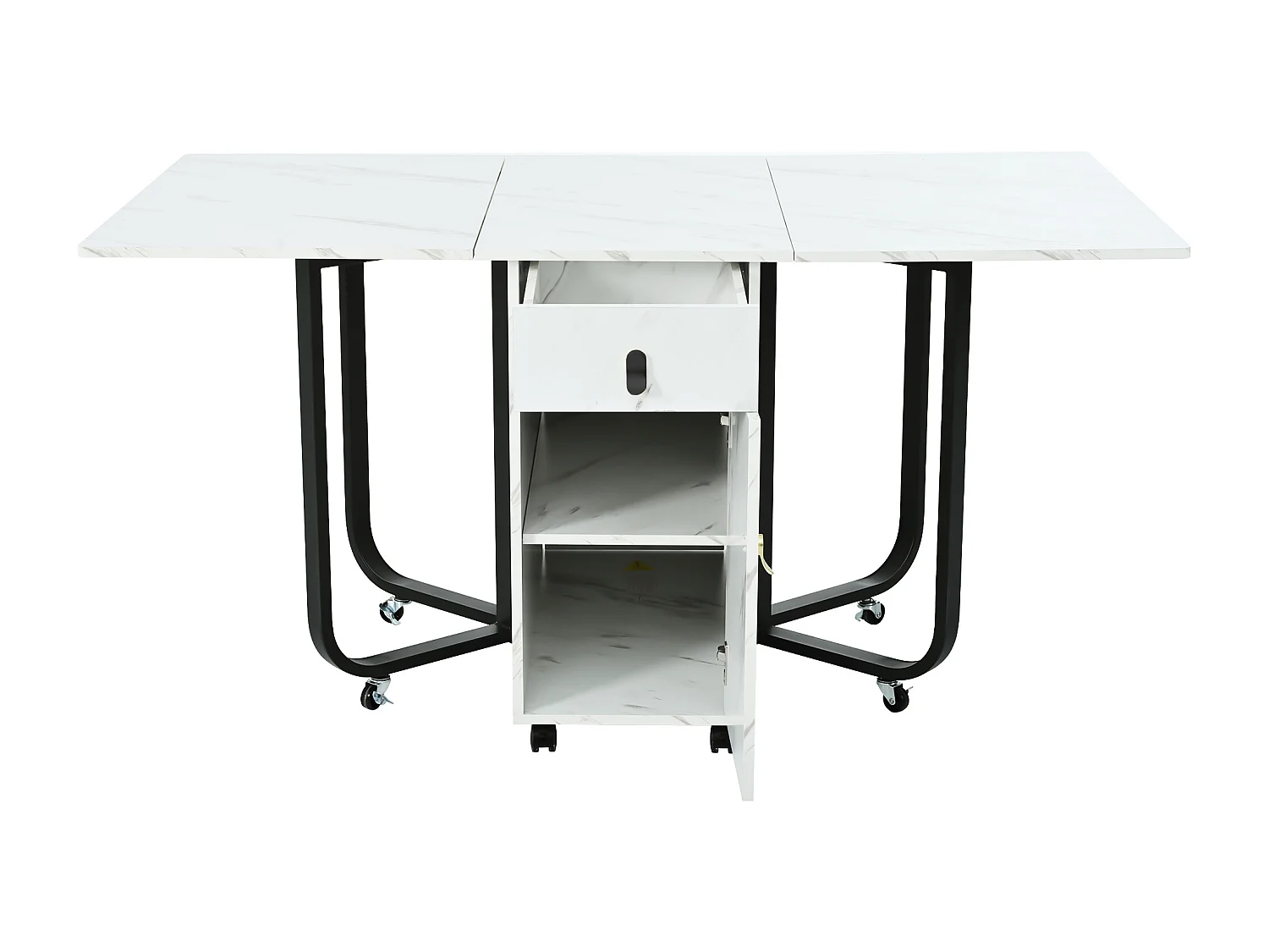 Table à manger pliante avec 2 tiroirs et 2 portes, mobile sur roulettes - blanc et noir