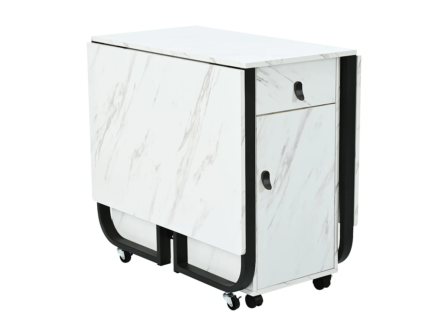 Table à manger pliante avec 2 tiroirs et 2 portes, mobile sur roulettes - blanc et noir
