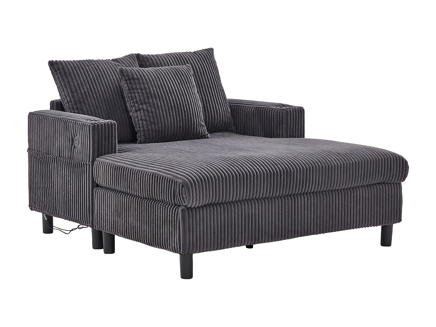 Divano lounge in peluche grigio scuro con porta USB, illuminazione LED e portabicchieri