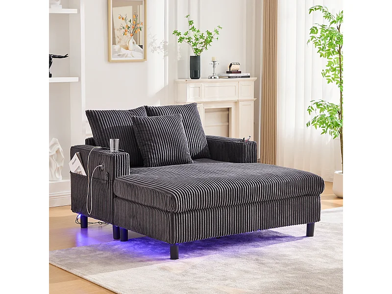 Canapé lounge en peluche gris foncé avec port USB, éclairage LED et porte-gobelets