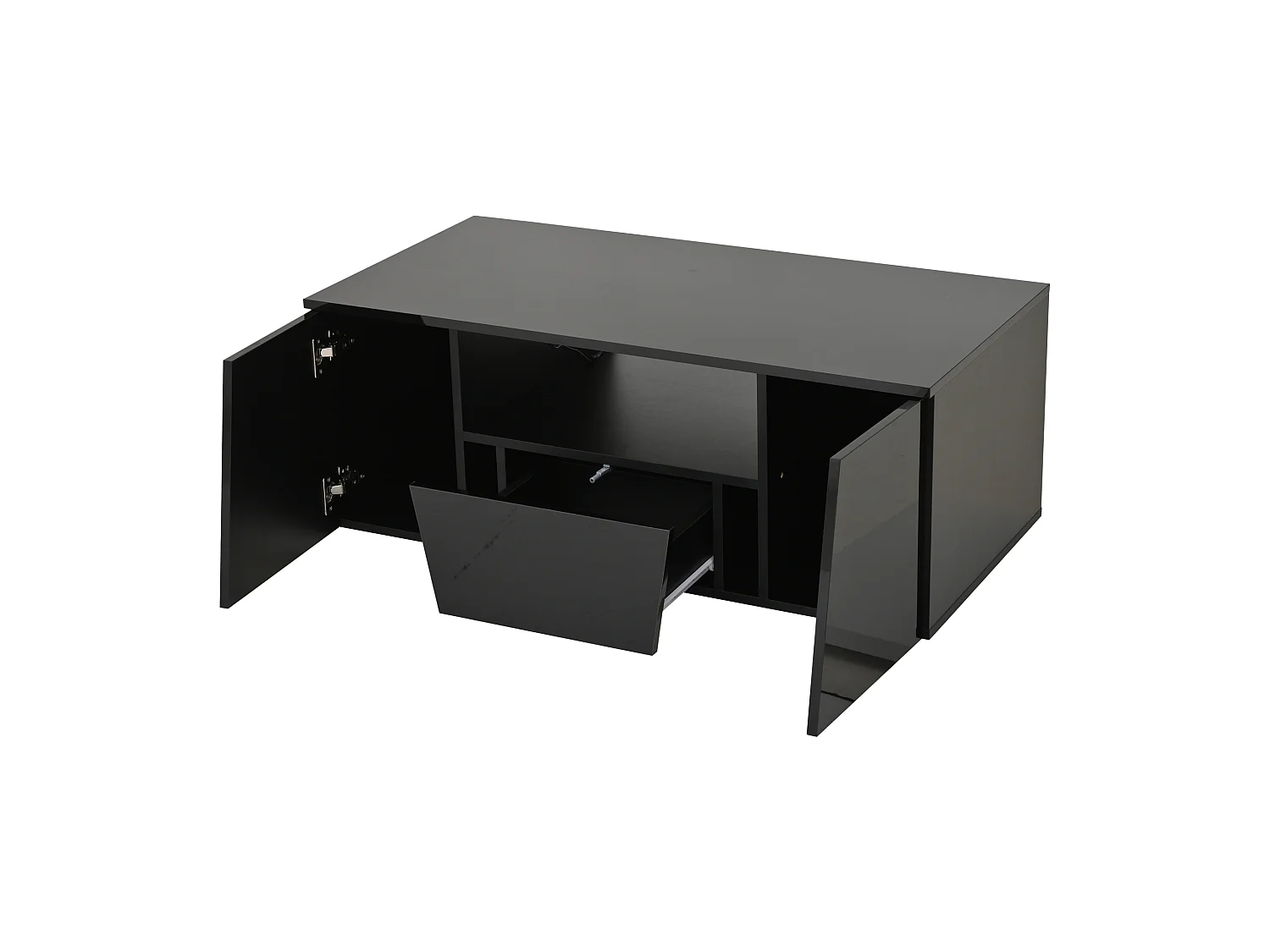 Table basse noire brillante avec 2 portes et 1 tiroir, éclairage LED - pour salon