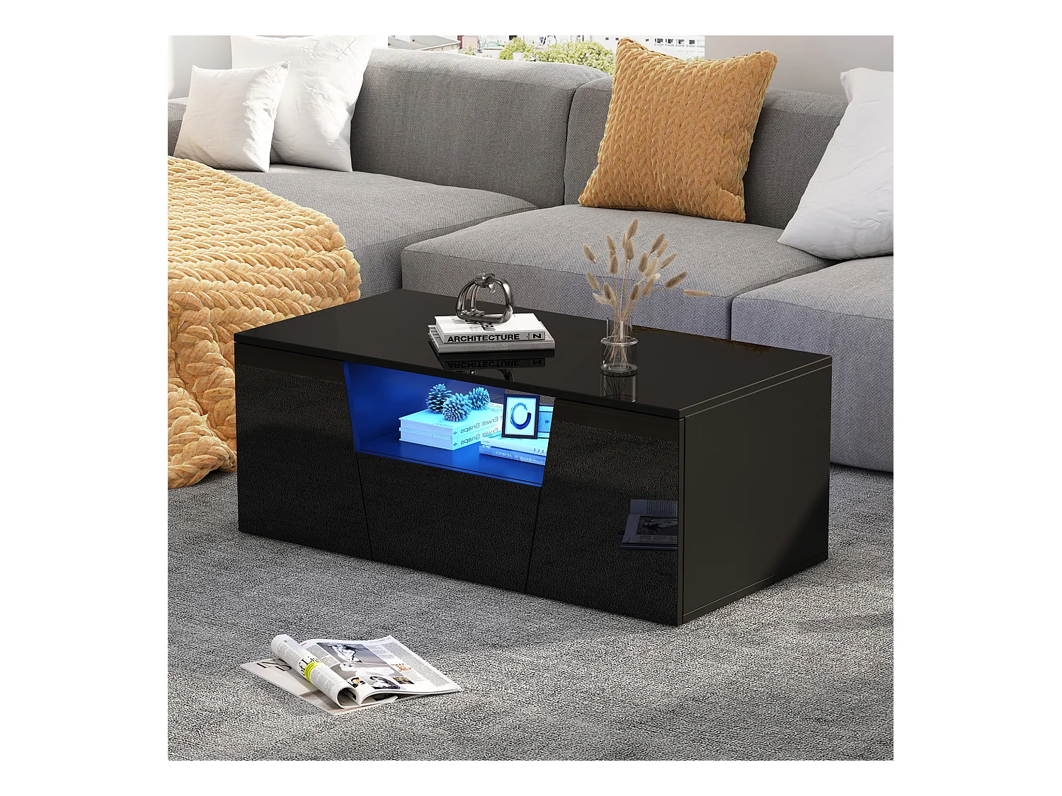 Schwarzer Hochglanz-Couchtisch mit 2 Türen, 1 Schublade und LED-Beleuchtung – Für Wohnzimmer