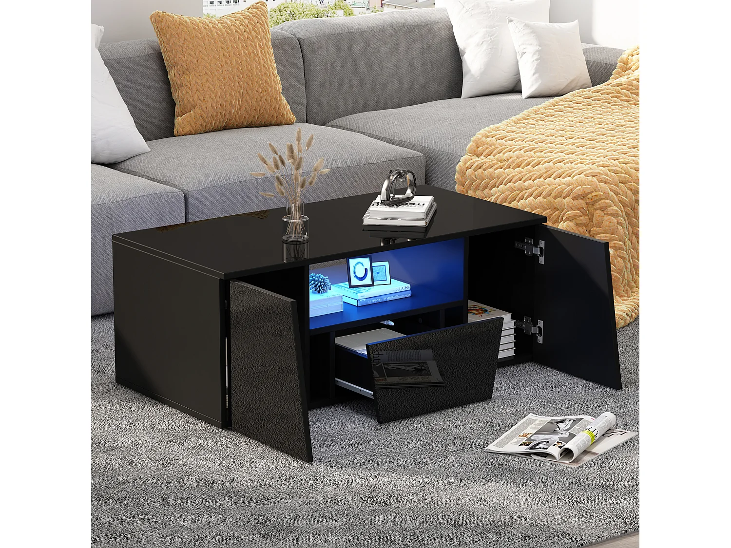 Table basse noire brillante avec 2 portes et 1 tiroir, éclairage LED - pour salon