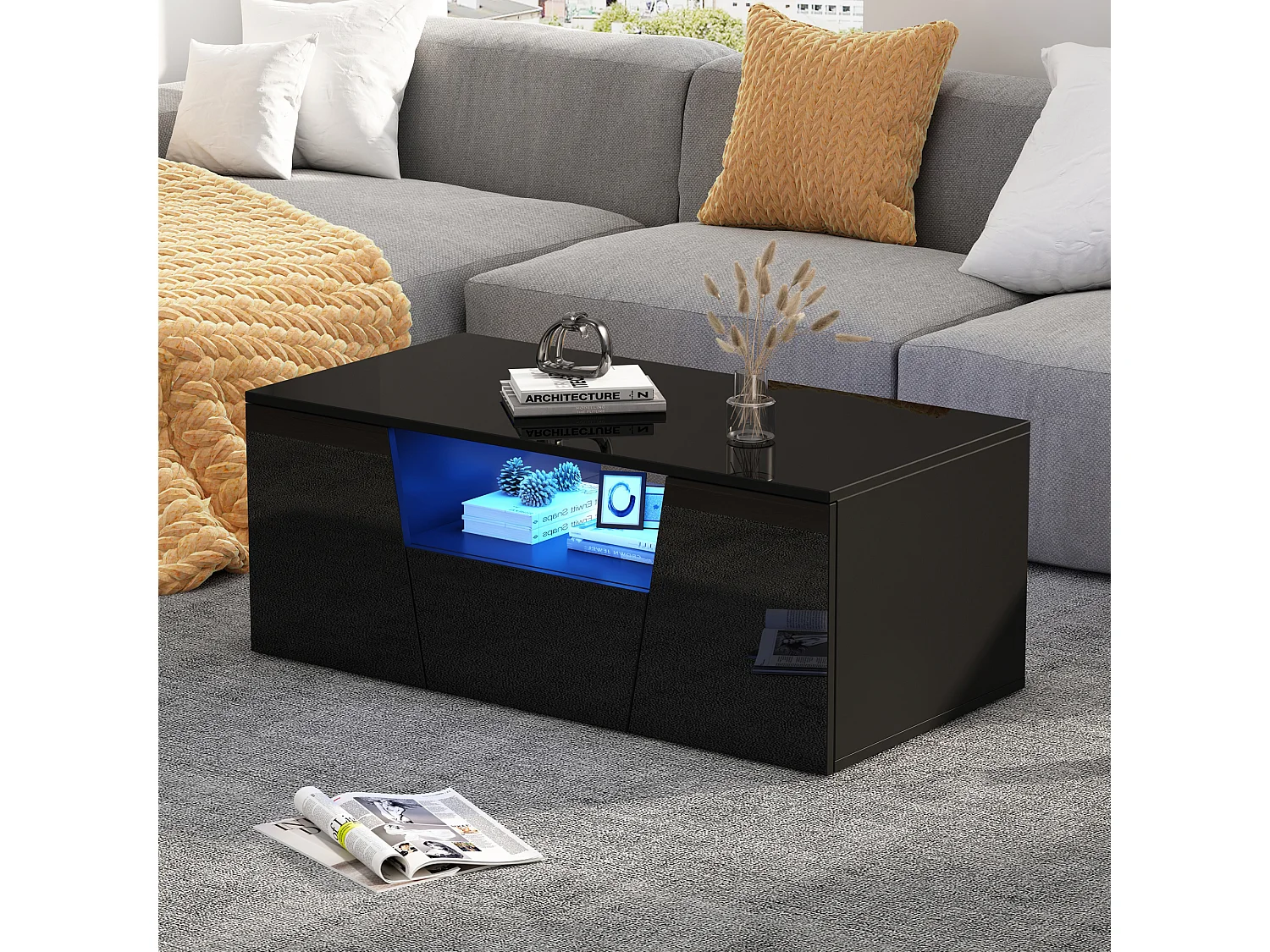 Table basse noire brillante avec 2 portes et 1 tiroir, éclairage LED - pour salon