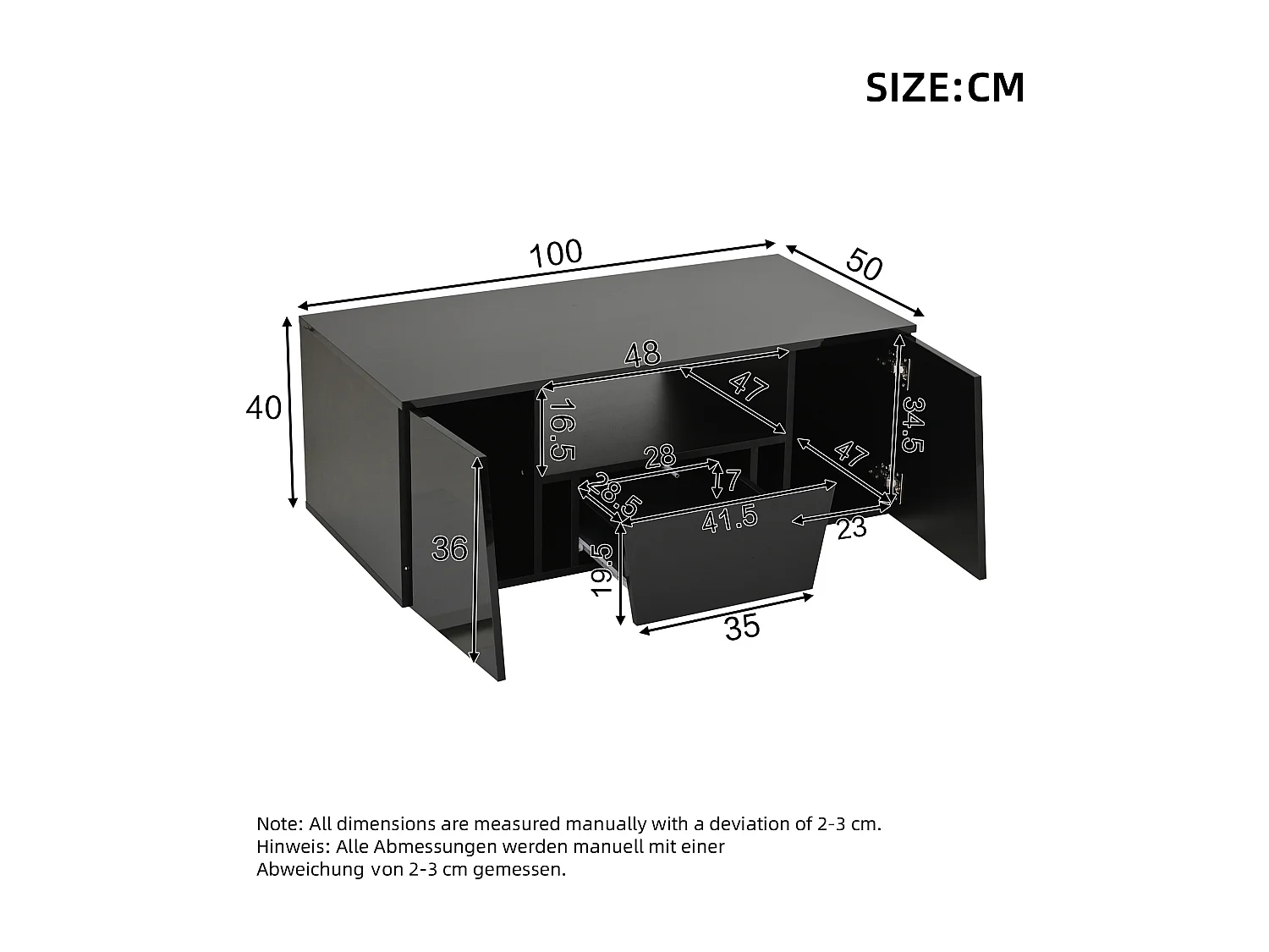 Table basse noire brillante avec 2 portes et 1 tiroir, éclairage LED - pour salon