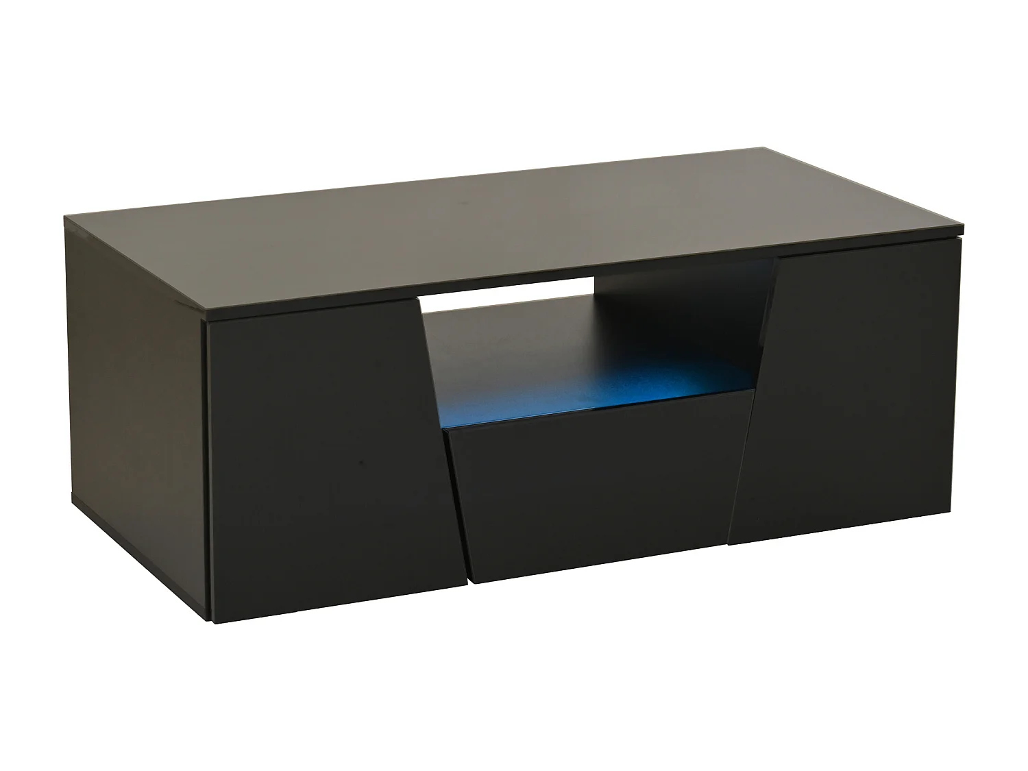 Table basse noire brillante avec 2 portes et 1 tiroir, éclairage LED - pour salon