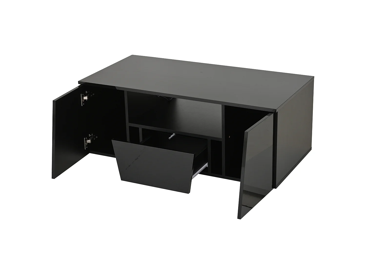 Table basse noire brillante avec 2 portes et 1 tiroir, éclairage LED - pour salon