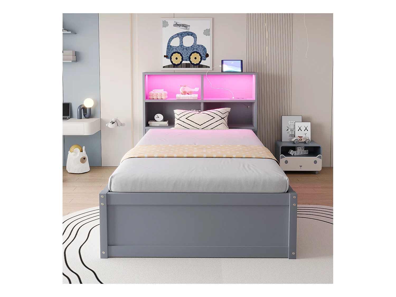 Lit simple coffre 90x200 cm avec éclairage LED et prise USB, lattes en bois, gris - sans matelas