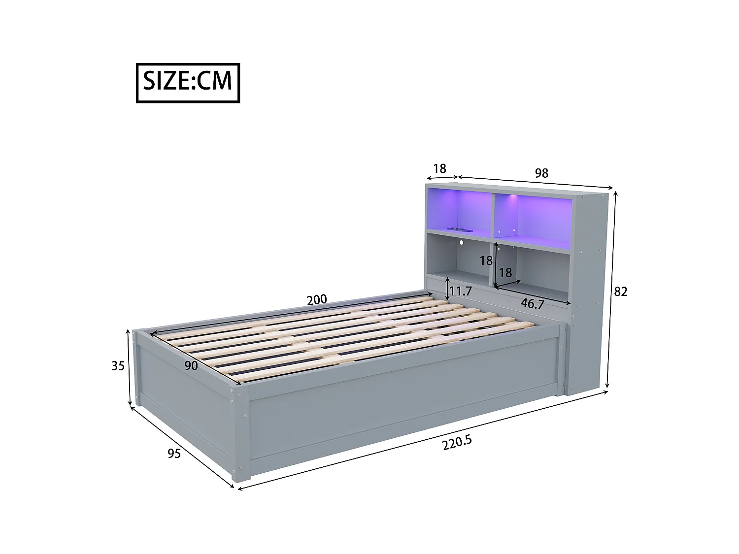 Lit simple coffre 90x200 cm avec éclairage LED et prise USB, lattes en bois, gris - sans matelas