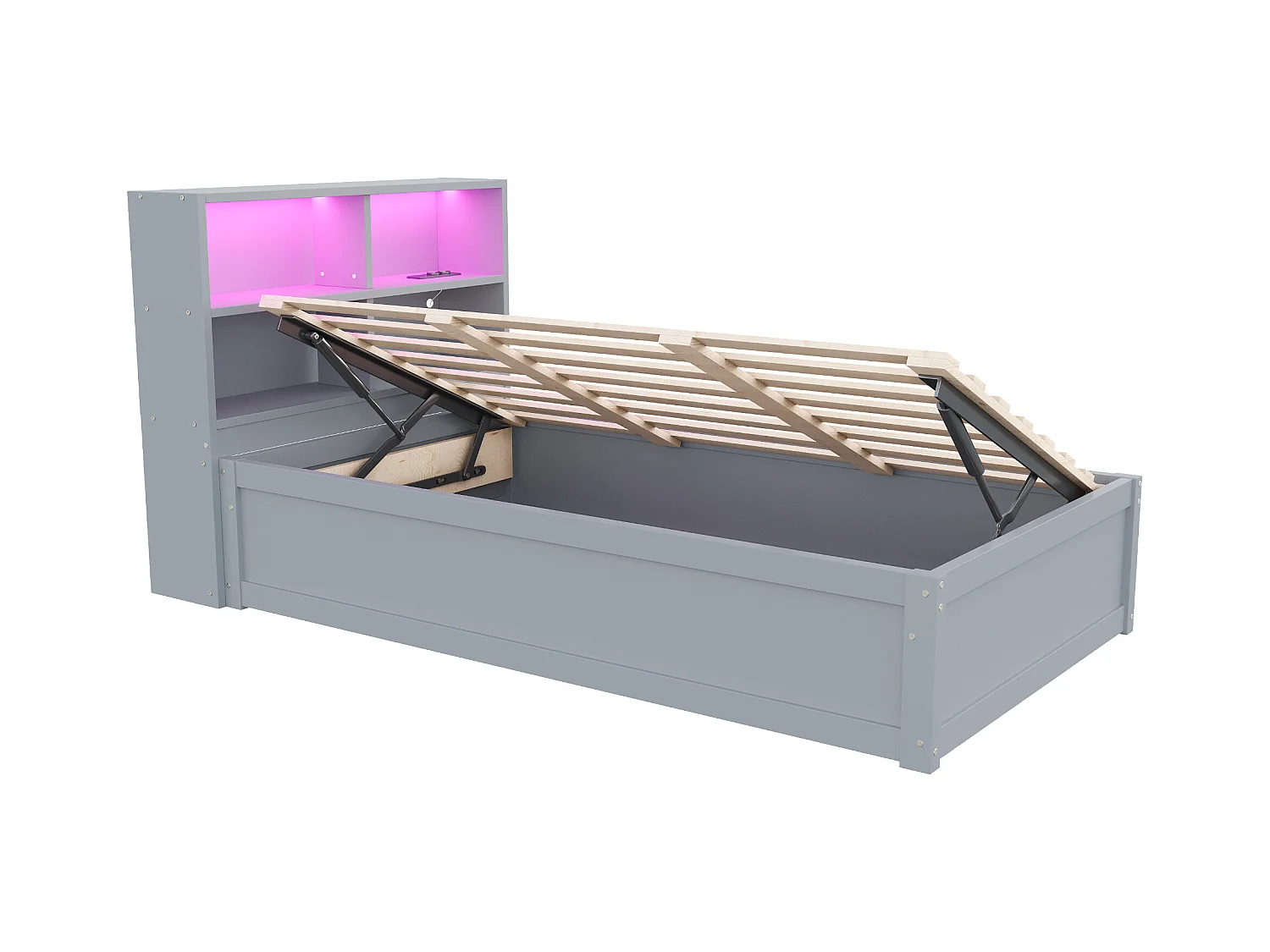 Lit simple coffre 90x200 cm avec éclairage LED et prise USB, lattes en bois, gris - sans matelas