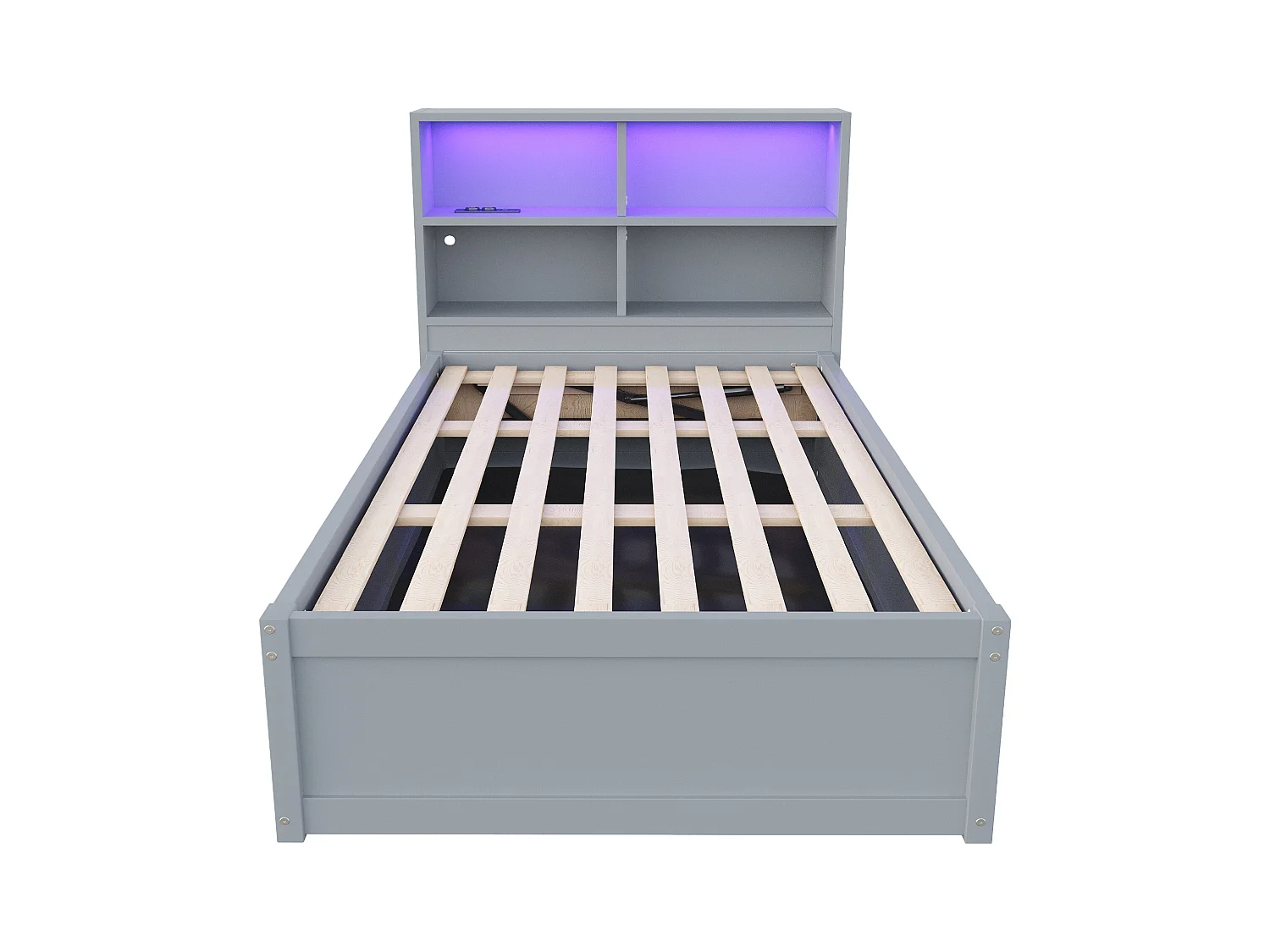 Lit simple coffre 90x200 cm avec éclairage LED et prise USB, lattes en bois, gris - sans matelas