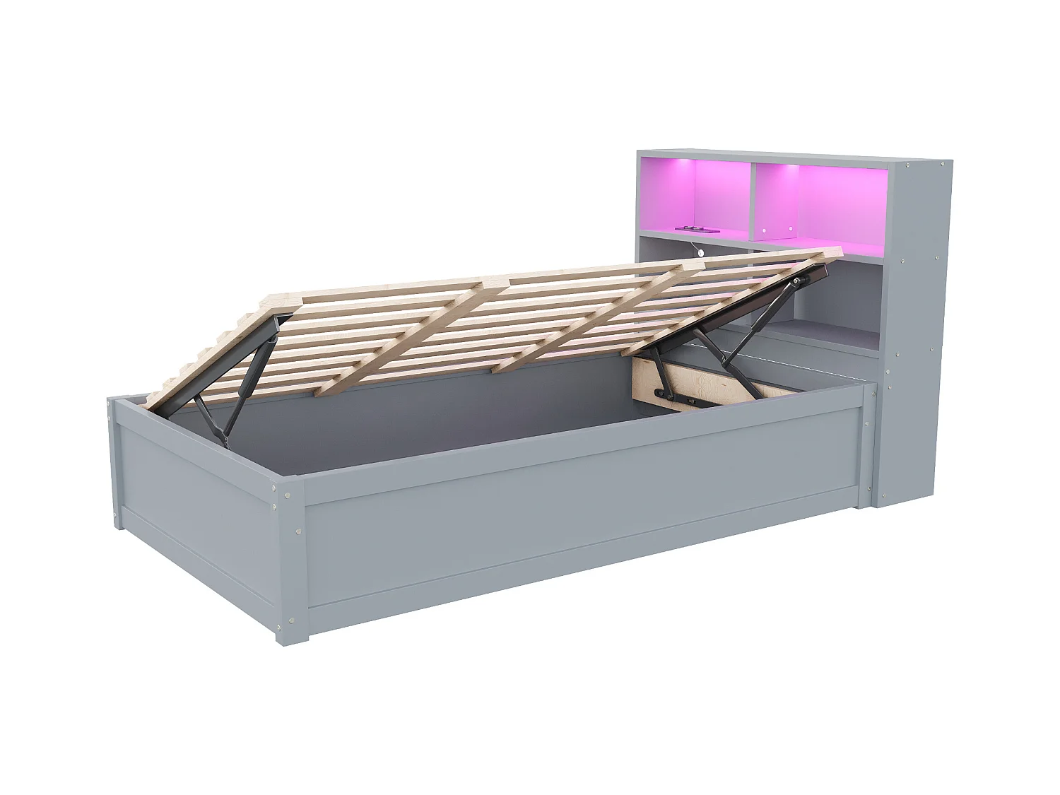 Lit simple coffre 90x200 cm avec éclairage LED et prise USB, lattes en bois, gris - sans matelas